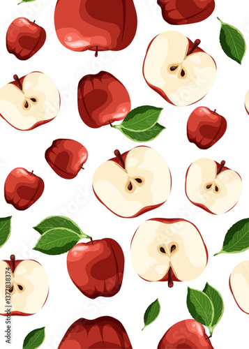 Seamless pattern with red apples and leaves. 