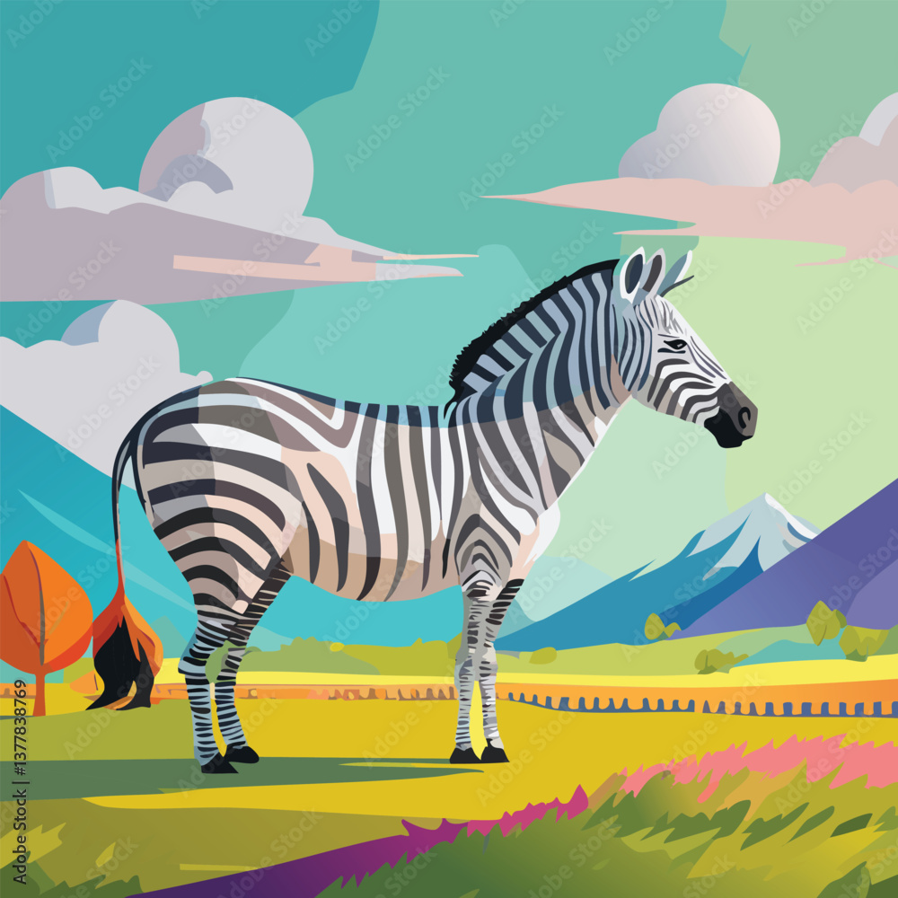 Fototapeta premium Zebra in a Breathtaking Natural Landscape, vector illustration