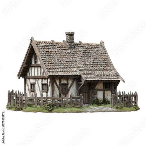 Medieval timber-framed farmhouse with barn and fence, rustic rural architecture isolated on transparent background. photo