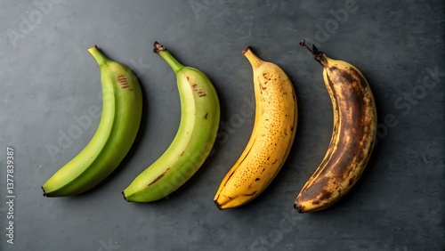 Four bananas ripening stages green yellow brown over dark background photo
