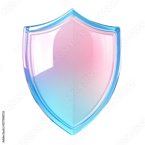 3D transparent glass shield icon, blue and pink gradient, minimalist style, white background