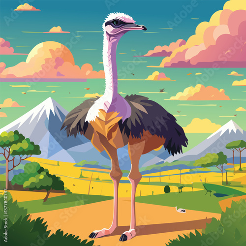 Ostrich in a Breathtaking Natural Landscape, vector illustration