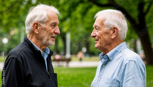 Two elderly men are talking in a green park
