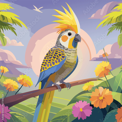 Cockatiel in a Breathtaking Natural Landscape, vector illustration