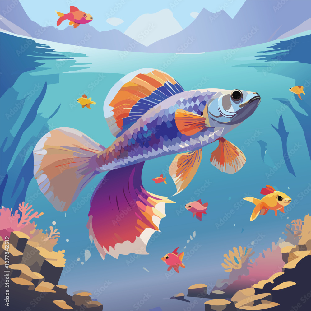 Naklejka premium Guppy in a Breathtaking Natural Landscape, vector illustration