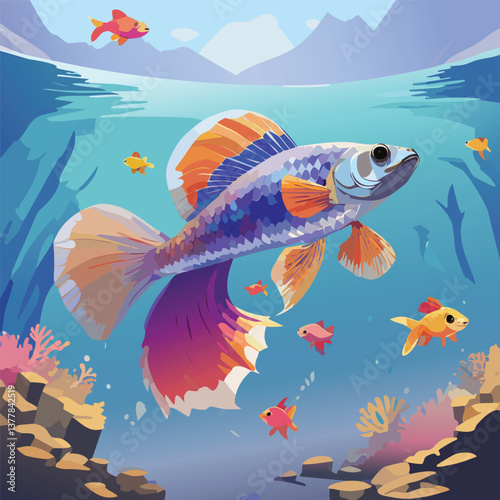 Guppy in a Breathtaking Natural Landscape, vector illustration