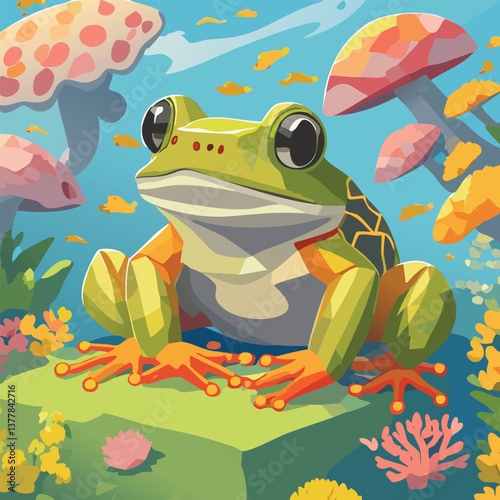 Pacman Frog in a Breathtaking Natural Landscape, vector illustration