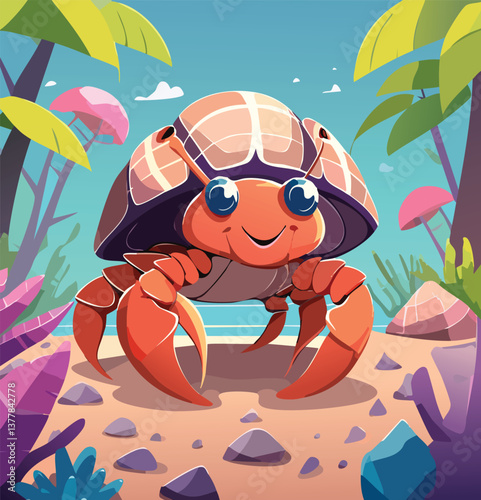 Hermit Crab in a Breathtaking Natural Landscape, vector illustration