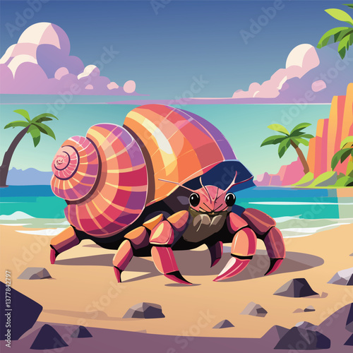 Hermit Crab in a Breathtaking Natural Landscape, vector illustration