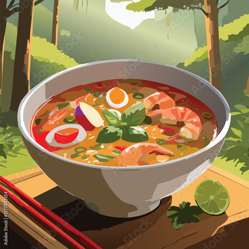 Tom Yum Soup with Rich Flavors and a Tempting Aroma, vector illustration