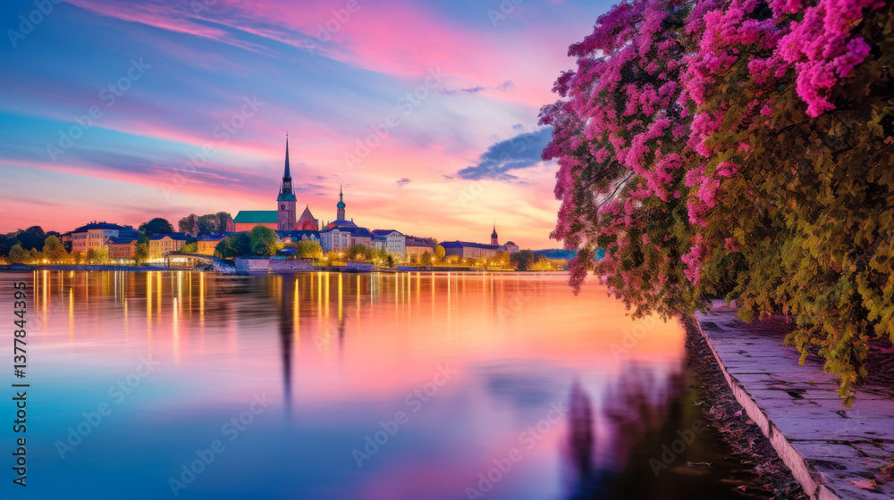 Fototapeta premium Vibrant sunset over a picturesque lakeside town with colorful buildings and reflections in still water