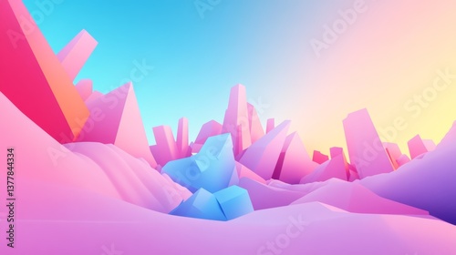 A vibrant abstract landscape featuring colorful geometric shapes and soft gradients.