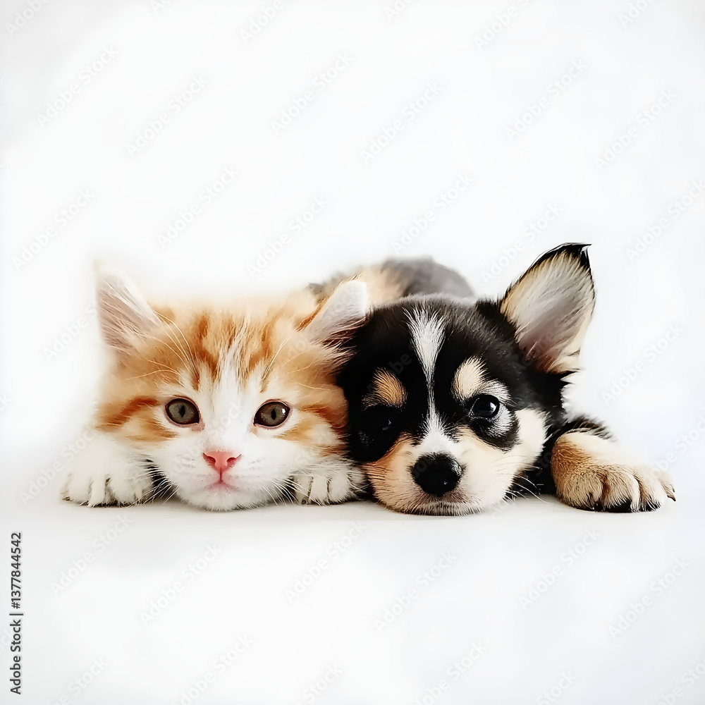 A cute kitten and puppy lying side by side on a white background, a cute pet wallpaper, a cute animal wallpaper, high-definition photography. A cute kitten and puppy lying side by side on a white background, a cute pet wallpaper, a cute animal wallpaper, high-definition photography.