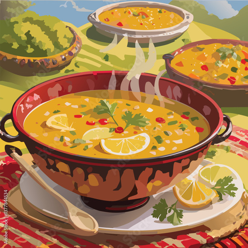 Mulligatawny Soup with Rich Flavors and a Tempting Aroma, vector illustration