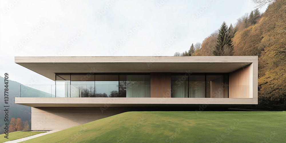 Fototapeta premium Modern minimalist concrete and wood house on the hill, surrounded by a green grass field.