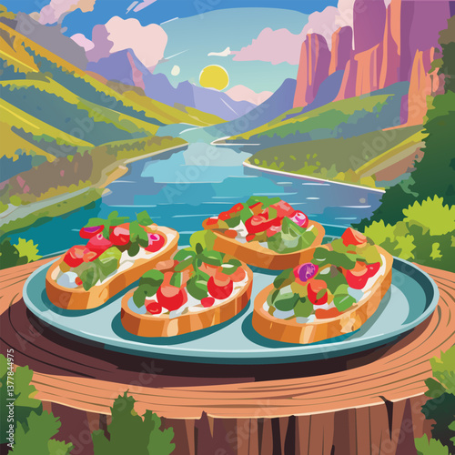 Bruschetta with Rich Flavors and a Tempting Aroma, vector illustration