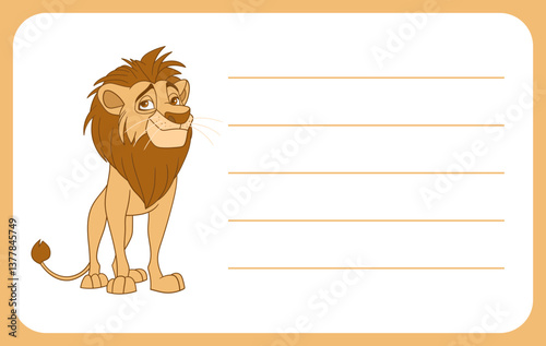 Cartoon illustration of a cute lion standing near blank lines, ideal for a note or message card.