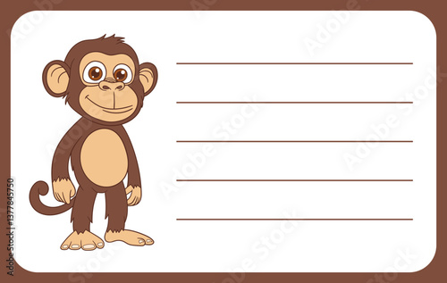 Cute monkey illustration on a framed label with blank lines for writing, perfect for notes or name tags.