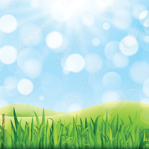 Summer meadow landscape with green grass, flowers, hills and sun