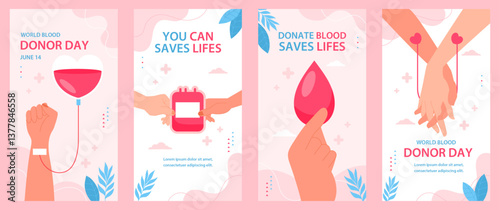 World Blood Donor Day Instagram stories collection, An engaging and dynamic digital illustration to promote blood donation on June 14, featuring donors and blood bags.