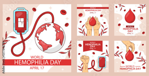 World Blood Donor Day poster collection, Attractive and dynamic digital illustrations to promote blood donation on June 14, featuring donors and blood bags.