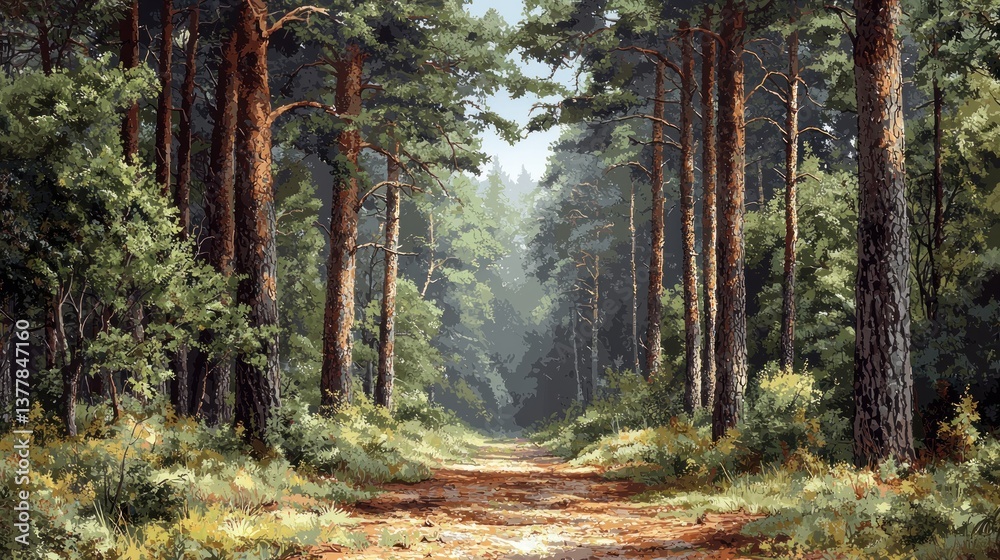 Fototapeta premium Serene Forest Path: A Tranquil Woodland Scene