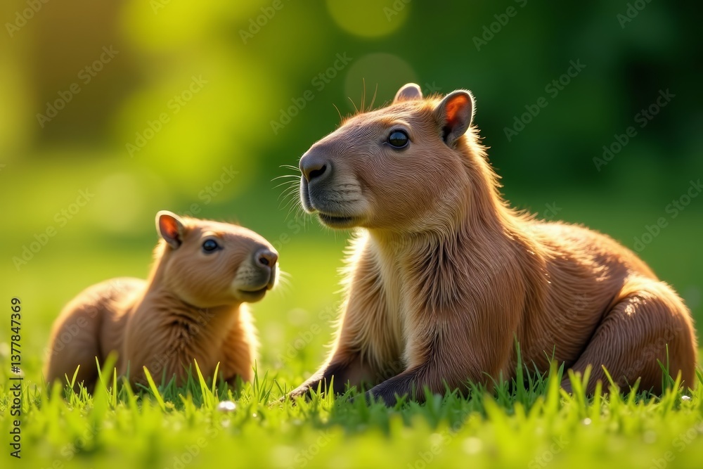 Fototapeta premium Close-up of capybara family relaxing in the sun, wildlife scene, animals, family, relaxation