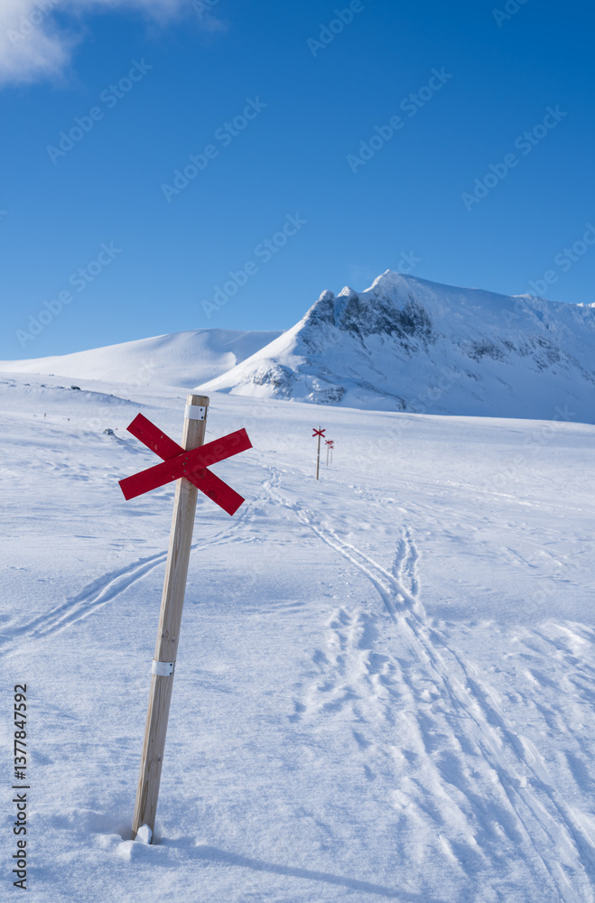 Marked trail for cross-country skiing toward mountain Templet, in the Sylarna mountainrange. Sweden.