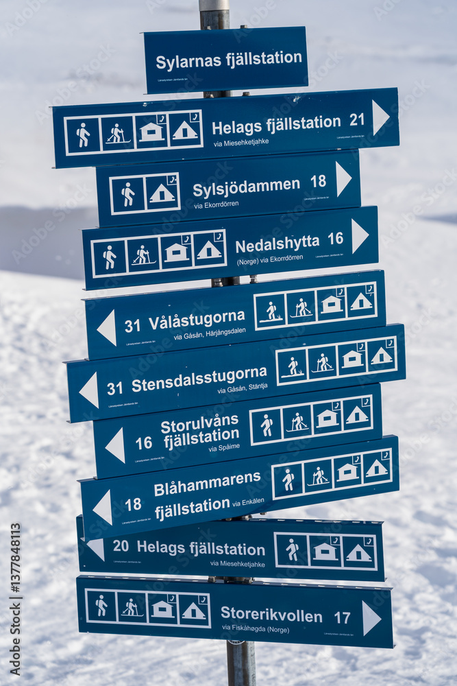 Direction signs to al the destinations from Sylarna fjällstation.