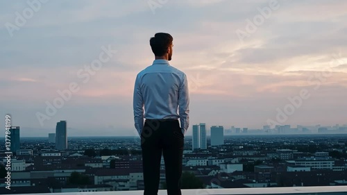 A man stands on a rooftop looking out at the city. The sky is cloudy and the sun is setting, creating a moody atmosphere