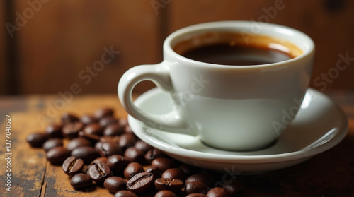 Black coffee in white cup with roasted coffee beans on rustic wooden table, close-up