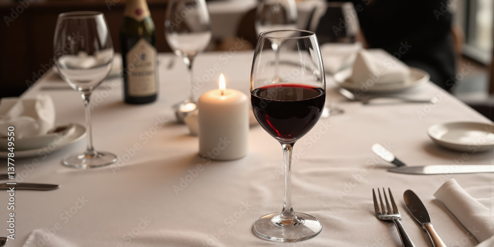 A tall, slender wine glass filled with deep red wine, the liquid reflecting the soft glow of nearby candlelight, resting A tall, slender wine glass filled with deep red wine, the liquid reflecting the soft glow of nearby candlelight, resting