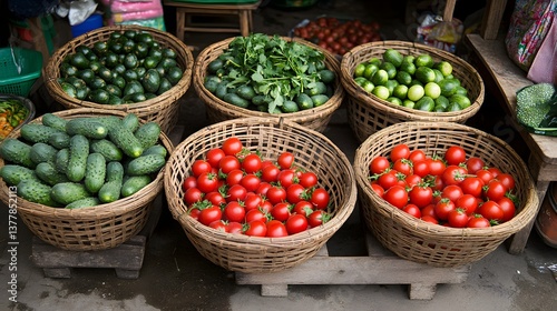 Baskets of berries tomatoes and cucumbers attractively arranged at a local market