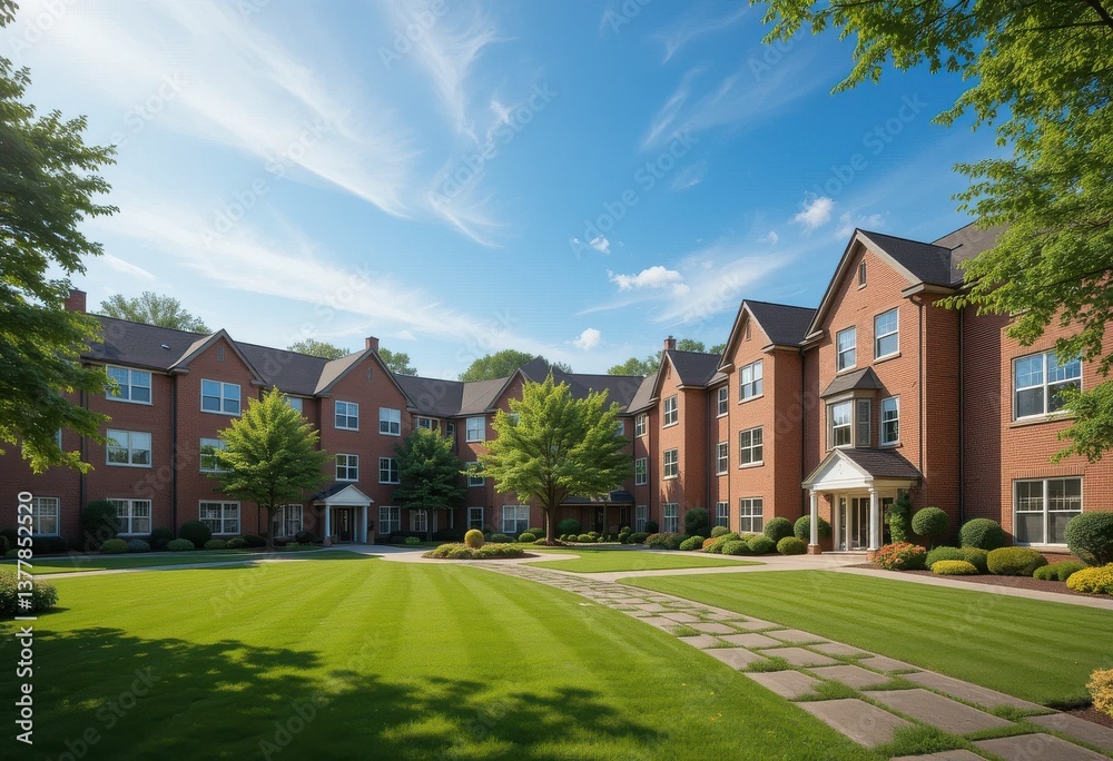 Fototapeta premium Luxury Brick Apartment Building Sunny Day Green Lawn Residential Complex Sky Home Blue House Trees
