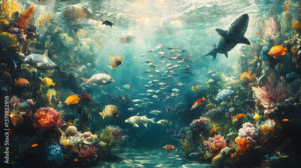 A vibrant ocean scene showcasing various fish and coral formations A vibrant ocean scene showcasing various fish and coral formations