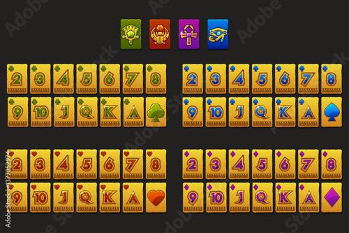 Egyptian Full deck of playing cards. Set with isolated golden cards for Poker or Solitaire game UI. Each card on a separate layer.