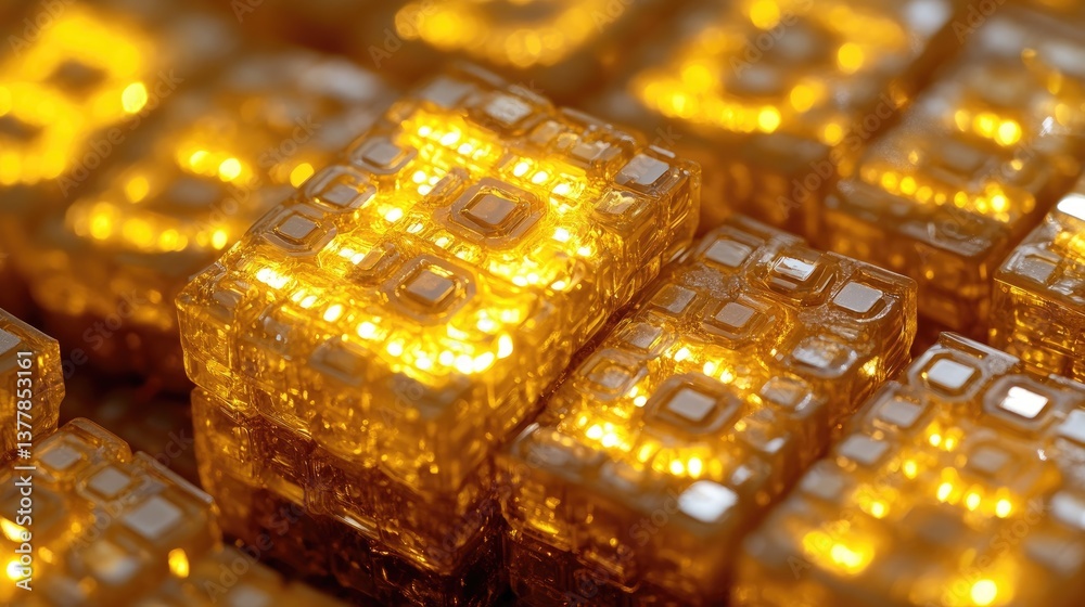 Glowing, stacked, translucent, golden cubes with intricate geometric patterns in a close-up view Glowing, stacked, translucent, golden cubes with intricate geometric patterns in a close-up view