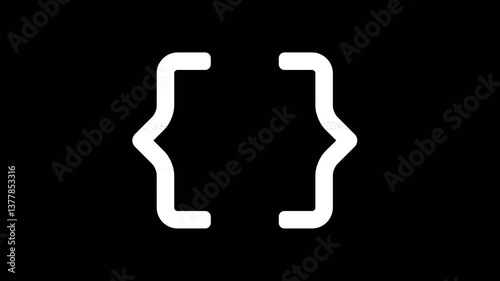 Icon brackets curly is distorted. Glitch. Noise, chromatic aberration, geometric distortion. Transparent background, looped. In-Out looped. Alpha BW at the end