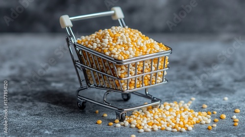 Tiny shopping cart filled with yellow and white grains spills its contents
