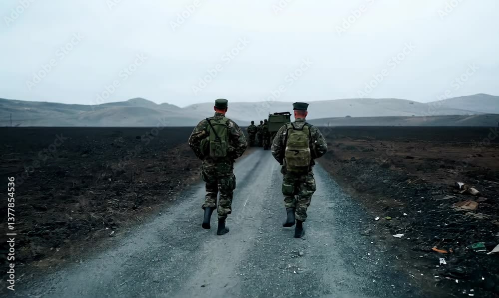 360-degree view of soldiers on a stony road post-mission 360-degree view of soldiers on a stony road post-mission