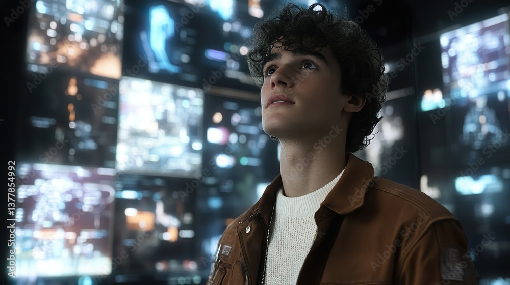 Fototapeta premium Curly-haired teen looking up surrounded by digital screens