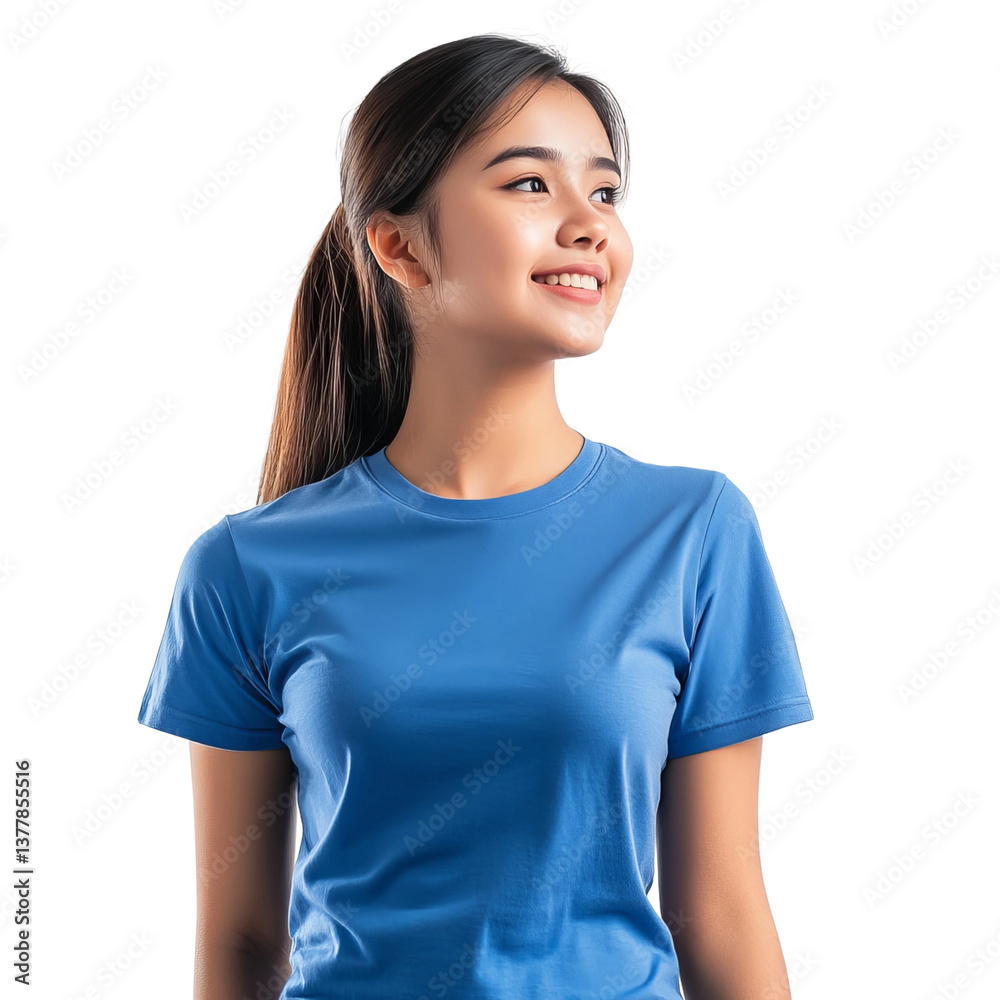 Happy Young Filipino Woman in Blue T-Shirt Looking to Side, Isolated on Transparent Background Happy Young Filipino Woman in Blue T-Shirt Looking to Side, Isolated on Transparent Background