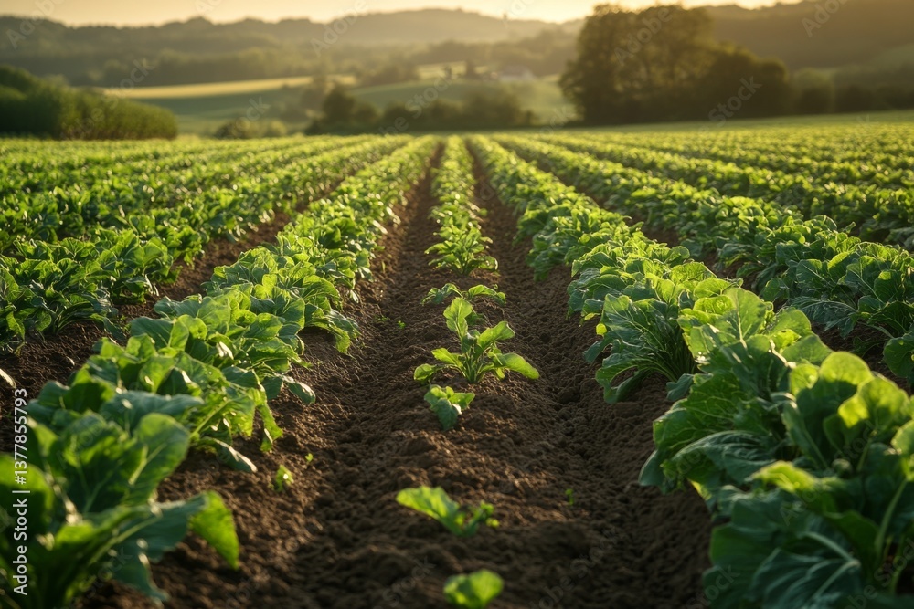 Vast sugar beet field in Germany captures rows of healthy green plants thriving in fertile soil under the warm glow of sunset Generative AI Vast sugar beet field in Germany captures rows of healthy green plants thriving in fertile soil under the warm glow of sunset Generative AI