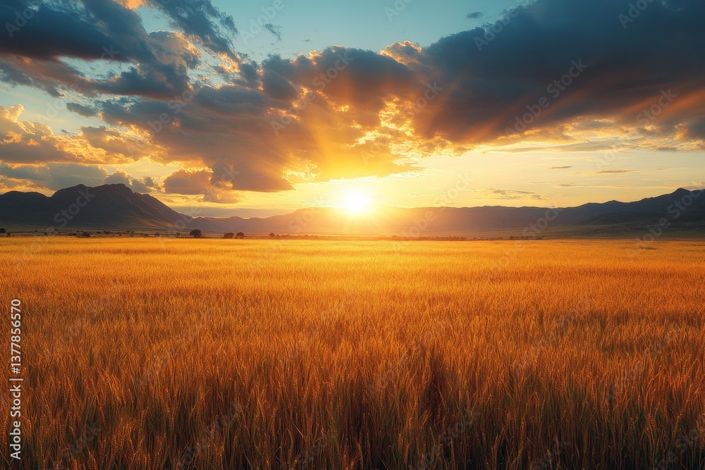 Obraz premium Golden maize crops stretch across the landscape in Kenya as the sun sets, casting warm hues over the field and highlighting the rural beauty Generative AI