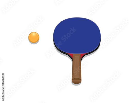 Vector design of a sports tool, namely a blue table tennis racket with a brown wooden handle and a small yellow ball which is usually called a ping pong ball