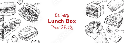 Lunch box frame. Hand drawn vector illustration. Meal box sketch. Top view. Menu design elements, packaging background template.