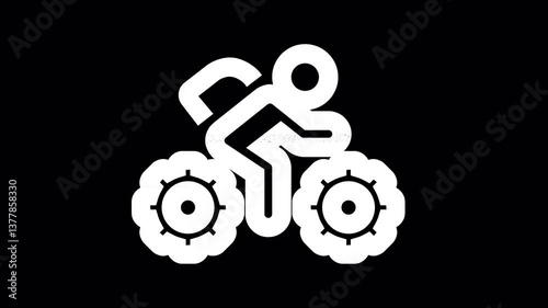 Icon biking mountain is distorted. Glitch. Noise, chromatic aberration, geometric distortion. Transparent background, looped. In-Out looped. Alpha BW at the end