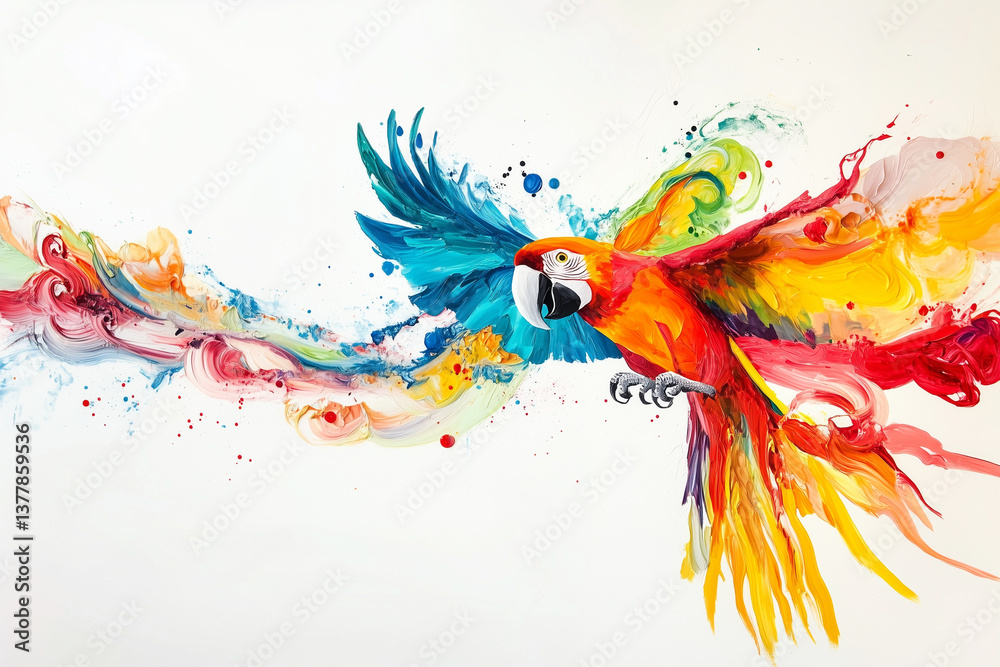 Obraz premium Colorful parrot flying with vibrant splashes of paint in blue, green, yellow, and red, showcasing artistic expression and the beauty of wildlife