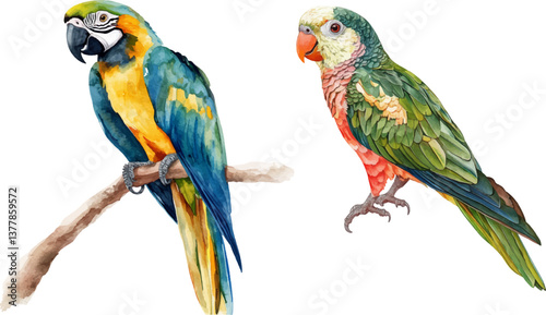 Watercolor vector illustration of colorful parrot on white background