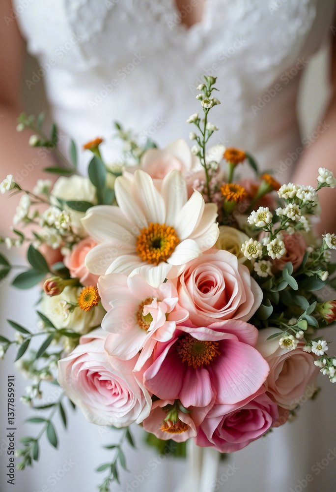 Fototapeta premium beautiful close-up of a lush pink and white floral wedding bouquet, featuring delicate roses, vibrant blooms, and lush greenery, evoking romance, elegance, and the beauty of wedding celebrations.